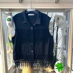 St Joanne Black Stretch Denim Vest with Lace Fringe Trim XL